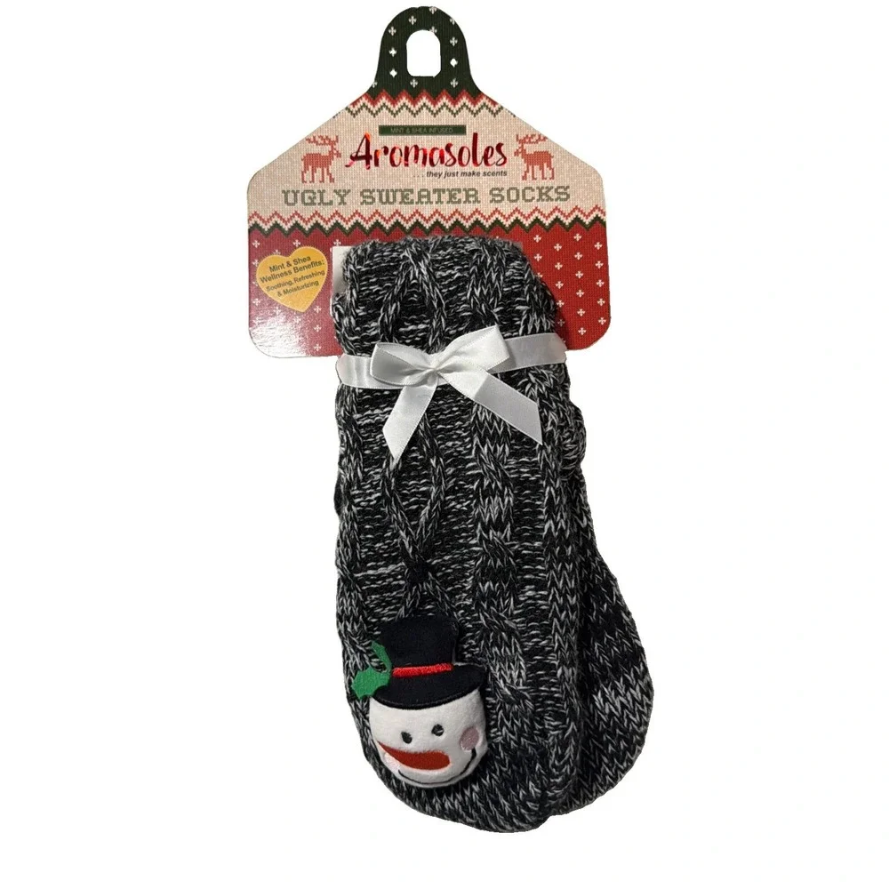 Aromasoles Ugly Sweater Socks Mint Shea Oil Infused Snowman Winter Holiday Cozy
